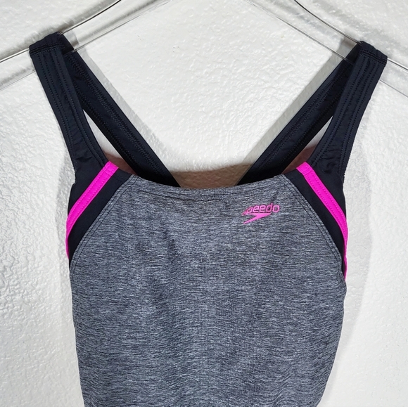 Speedo Quantum Splice One Piece Swimsuit Open Back Sporty Grey and Pink Size 10 - Picture 4 of 13